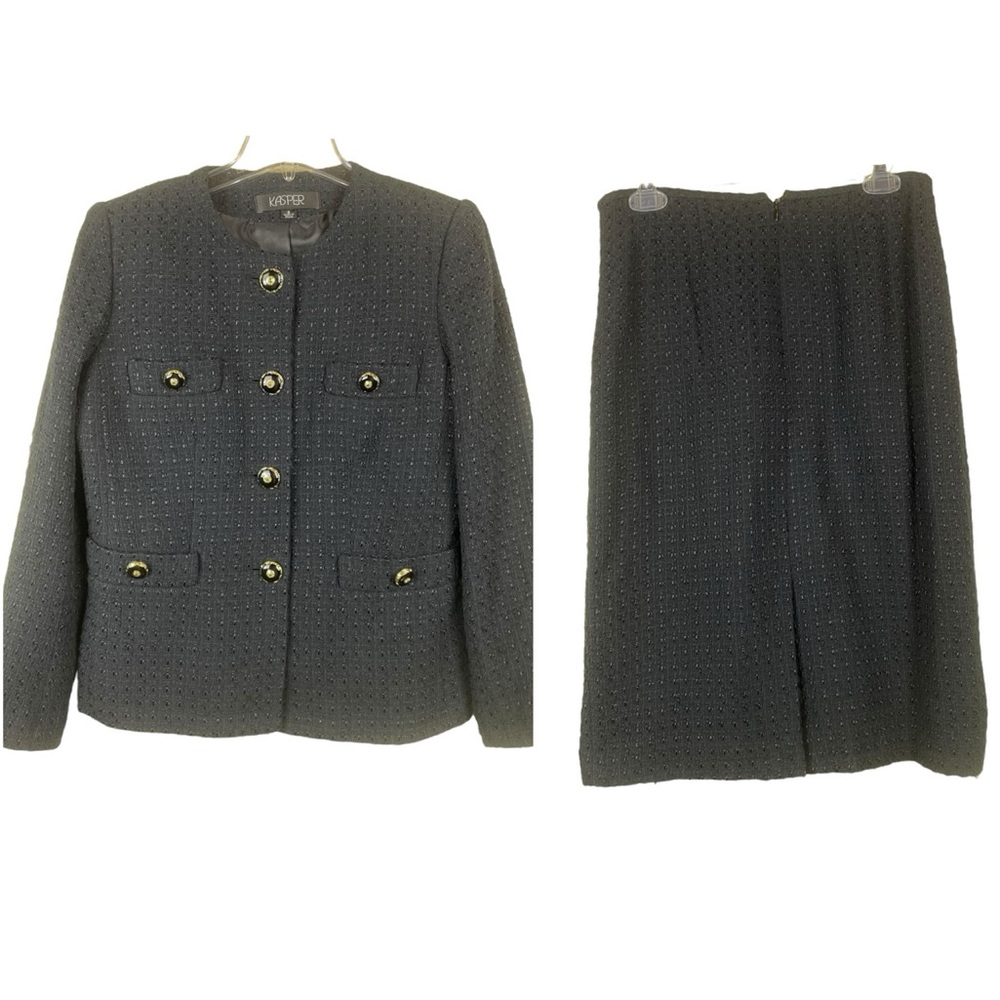 Kasper Black Textured Suit Jacket and Skirt Decorative Button Size 6